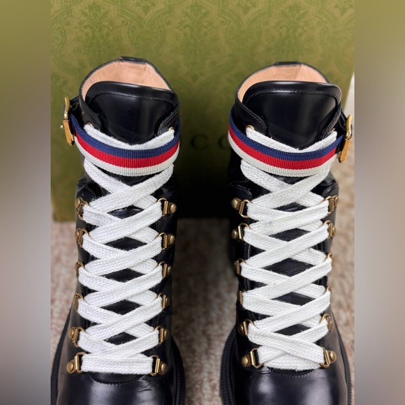 Gucci Sylvie Web Womens Lace Up Calfskin Leather Black Combat Boots Size 39. - Picture 5 of 11